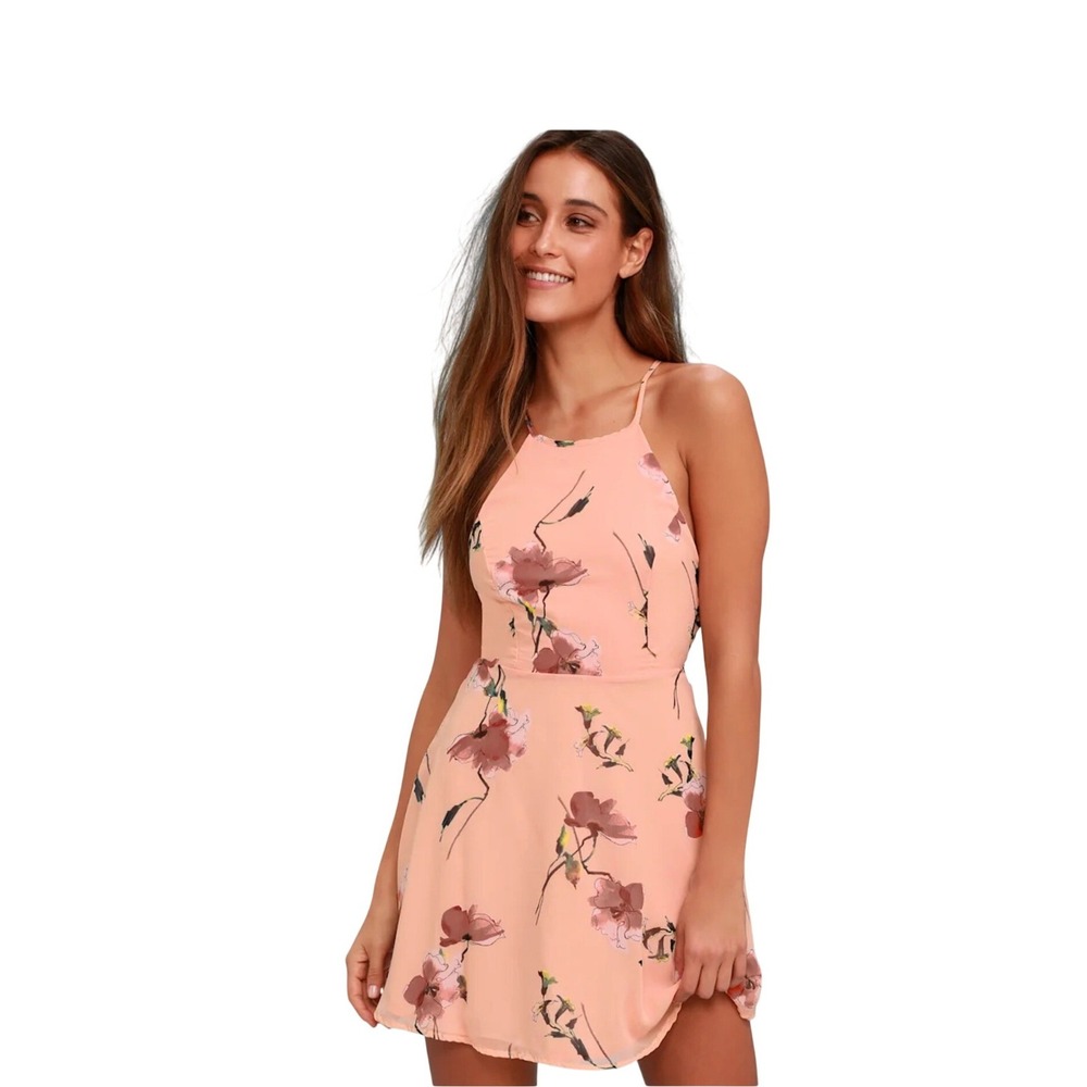 Lulus Garden District Peach Floral Halter Mini Dress Open Back Size S DD2906
